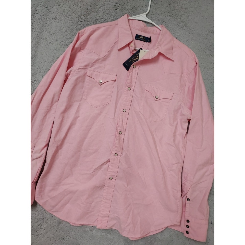 NEW Polo Ralph Lauren Shirt Men Large Western Pearl Snap Oxford Long Sleeve Pink